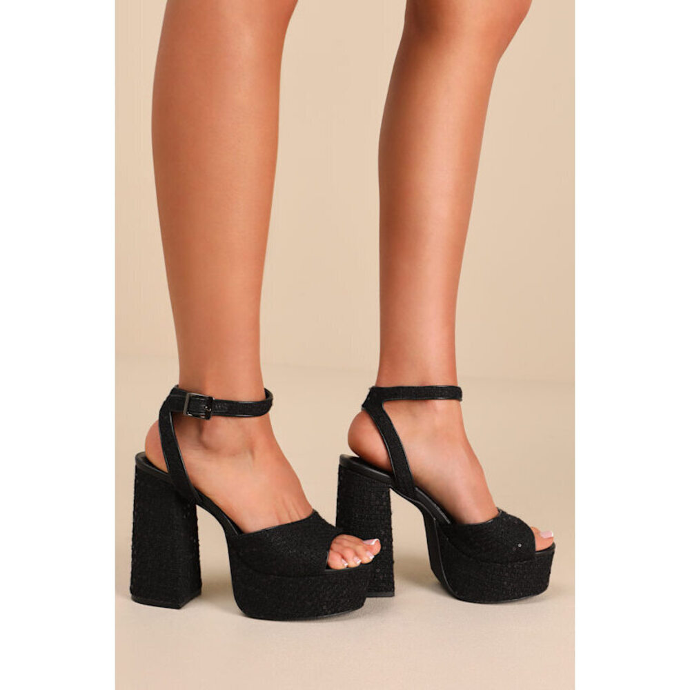NWOB Lulus Medinna Black Tweed Sequin Platform High Heel Sandals - Size 9